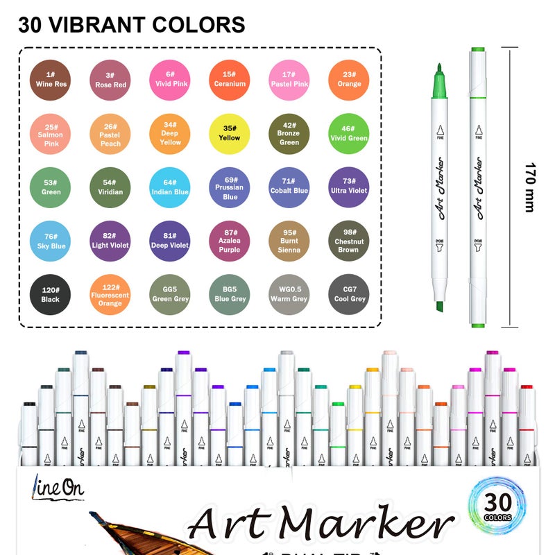 Lineon Dual Tip Alcohol Based Art Markers, Lineon 30 Colors Alcohol Marker Pens Perfect for Kids Adult Coloring Books Sketching and Card Making - Image 2